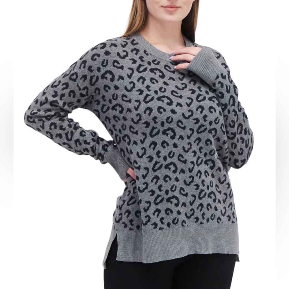 Eddie Bauer Crewneck Sweater Leopard Print Size Small Relaxed Fit Black Gray NEW
